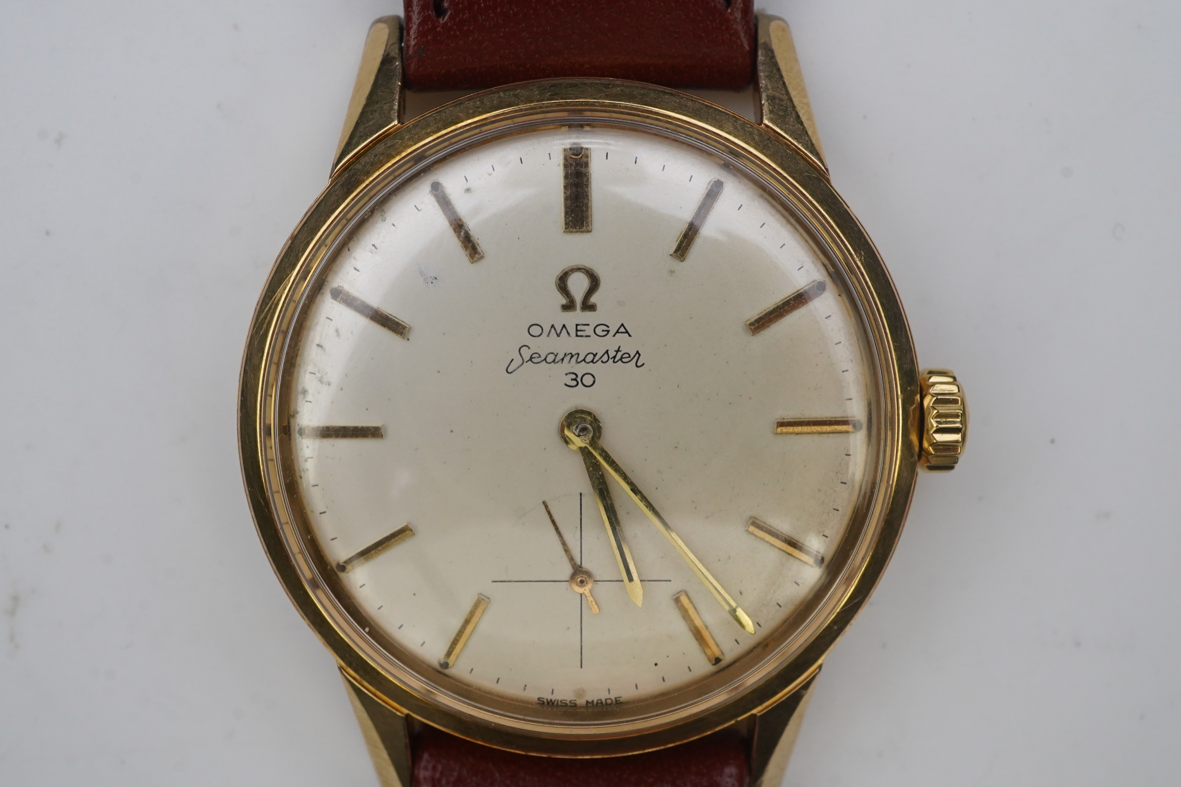 A gentleman's steel and gold plated Omega Seamaster 30 manual wind wrist watch, on a later associated leather strap